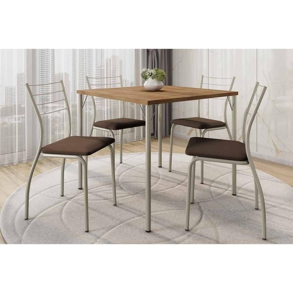 Sala de Jantar Completa 1545 Aço c/ Tampo Madeirado 87x87cm e 4 Cadeiras 1700 Prata/Freijo - Prata/Corano Cacau - Carraro