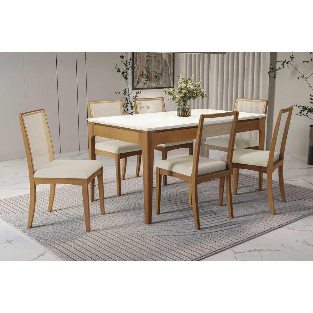 Conjunto Sala de Jantar Mira Premium Madeira Maciça c/ Tampo Madeirado c/ Vidro 160x90cm e 6 Cadeiras Lara Carvalho/Off White - Linho Bege Argila-Kapp