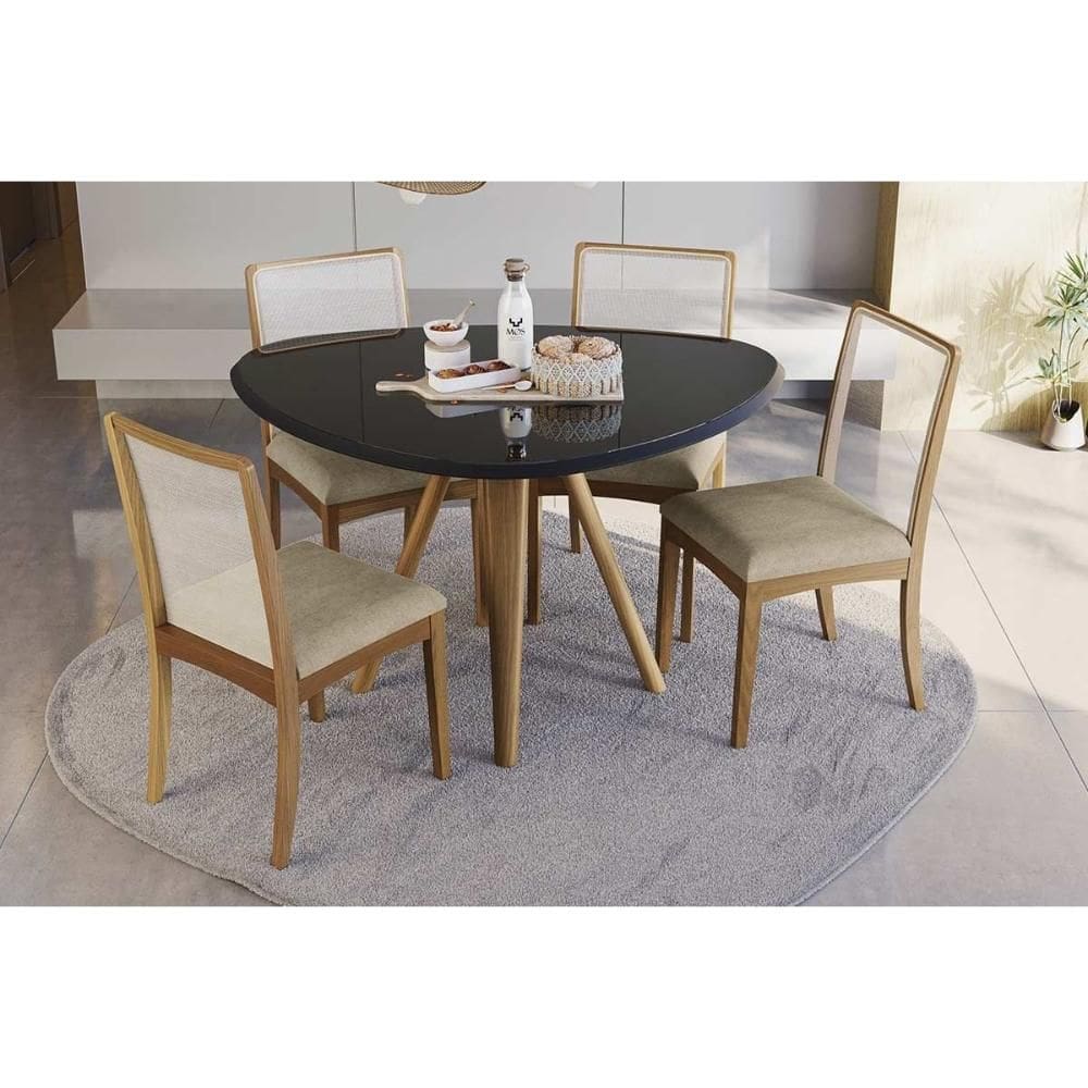 Conjunto Sala de Jantar Duna Premium Madeira Maciça c/ Tampo Madeirado c/ Vidro 135x105cm e 4 Cadeiras Lara Carvalho/Preto - Boucle Bege Fendi-Kappesb