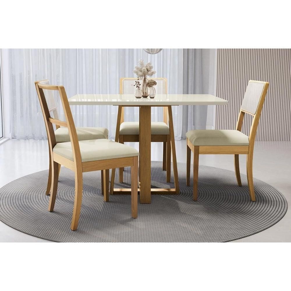 Conjunto Sala de Jantar Elma Premium Madeira Maciça c/ Tampo Madeirado c/ Vidro 120x80cm e 4 Cadeiras Lola Carvalho/Off White - Linho Bege Argila-Kapp