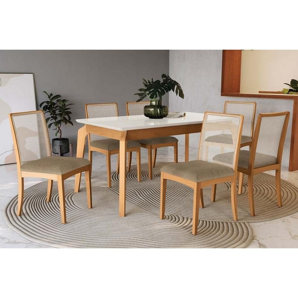 Conjunto Sala de Jantar Petra Premium Madeira Maciça c/ Tampo Madeirado c/ Vidro 160x90cm e 6 Cadeiras Lara Carvalho/Off White - Boucle Bege Fendi-Kap