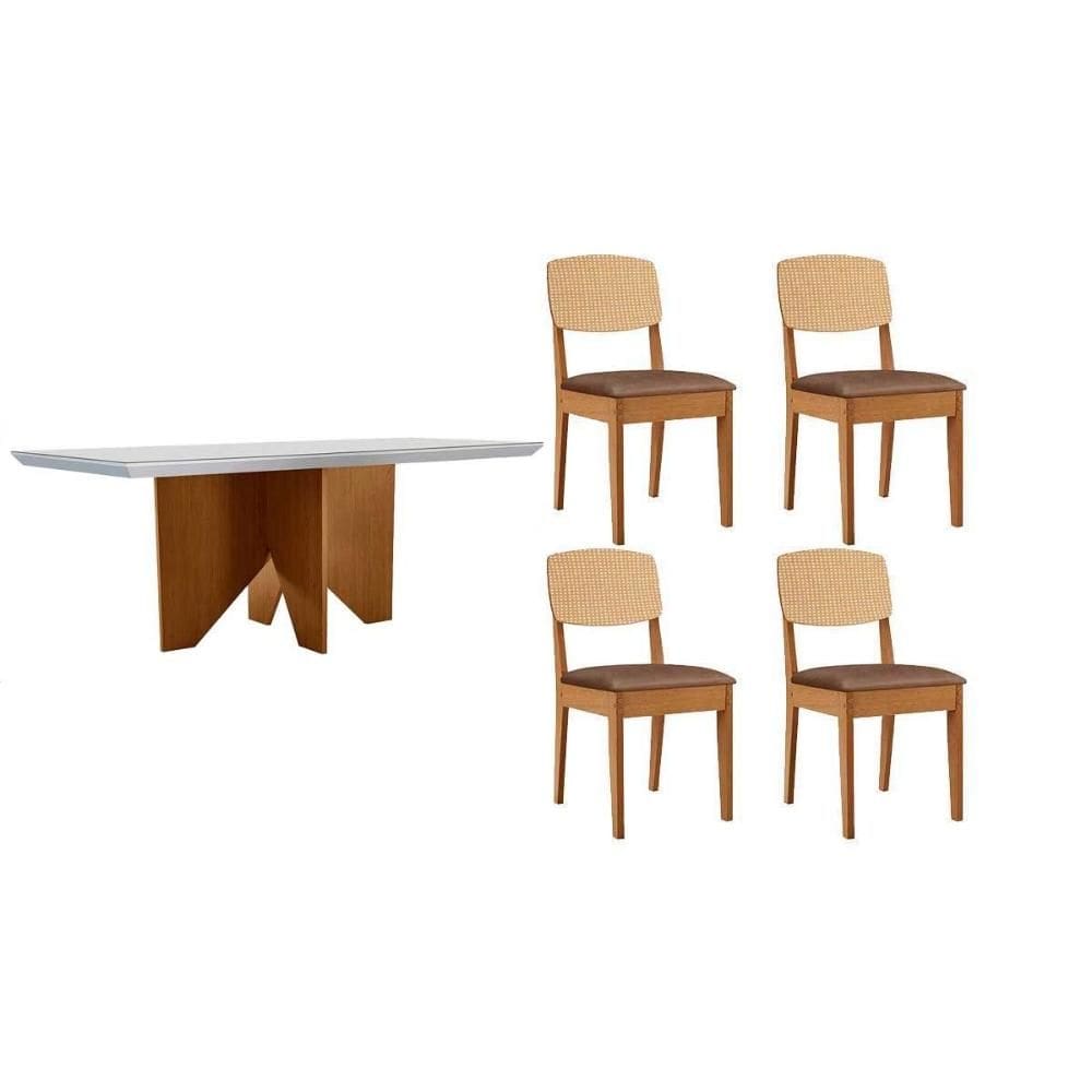 Conjunto Sala de Jantar Nevada c/ Tampo Madeirado c/ Vidro Canto Curvo 120x80cm e 4 Cadeiras Havana Premium Naturale/Off White - Capuccino/Corano Capu
