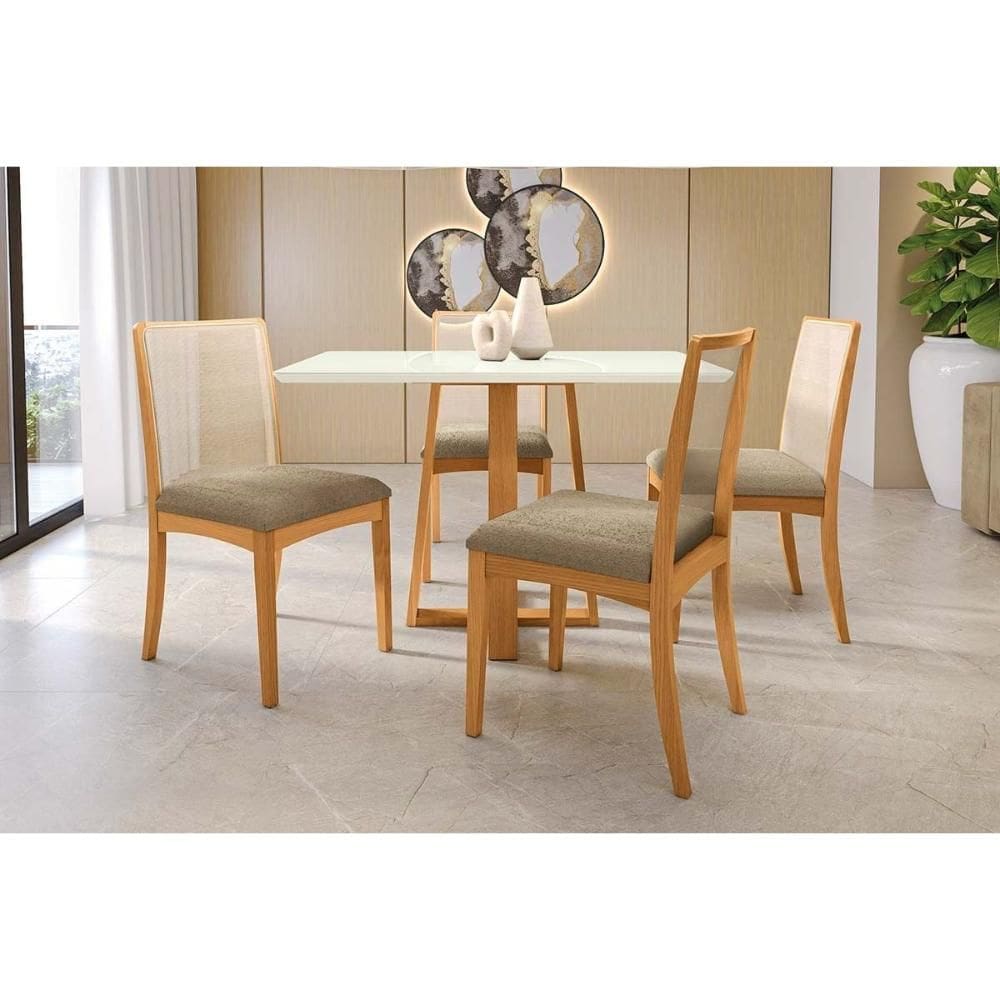 Conjunto Sala de Jantar Elma Premium Madeira Maciça c/ Tampo Madeirado c/ Vidro 120x80cm e 4 Cadeiras Lara Carvalho/Off White - Boucle Bege Fendi-Kapp