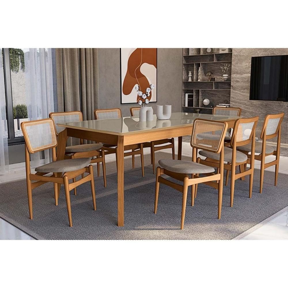Conjunto Sala de Jantar Petra Premium Madeira Maciça c/ Tampo Madeirado c/ Vidro 200x100cm e 8 Cadeiras Stela Carvalho/Freijo Bronze - Boucle Bege Fen