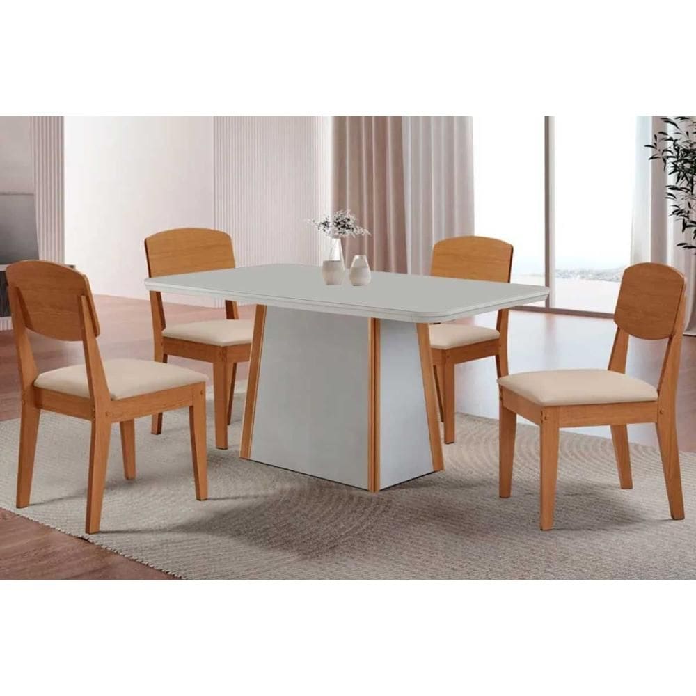 Sala de Jantar Completa Tilia c/ Tampo Madeirado c/ Vidro Canto Curvo 120x80cm e 4 Cadeiras Havana Naturale/Off White - Suede Creme - Rufato
