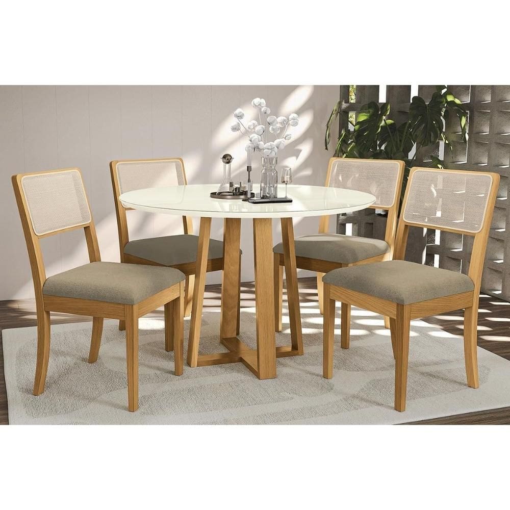 Conjunto Sala de Jantar Elma Premium Madeira Maciça c/ Tampo Madeirado c/ Vidro 120x120cm e 4 Cadeiras Lola Carvalho/Off White - Boucle Bege Fendi-Kap