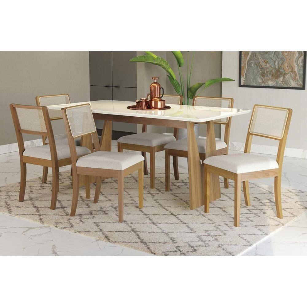 Conjunto Sala de Jantar Mila Premium Madeira Maciça c/ Tampo Madeirado c/ Vidro 180x90cm e 6 Cadeiras Lola Carvalho/Off White - Linho Bege Argila-Kapp