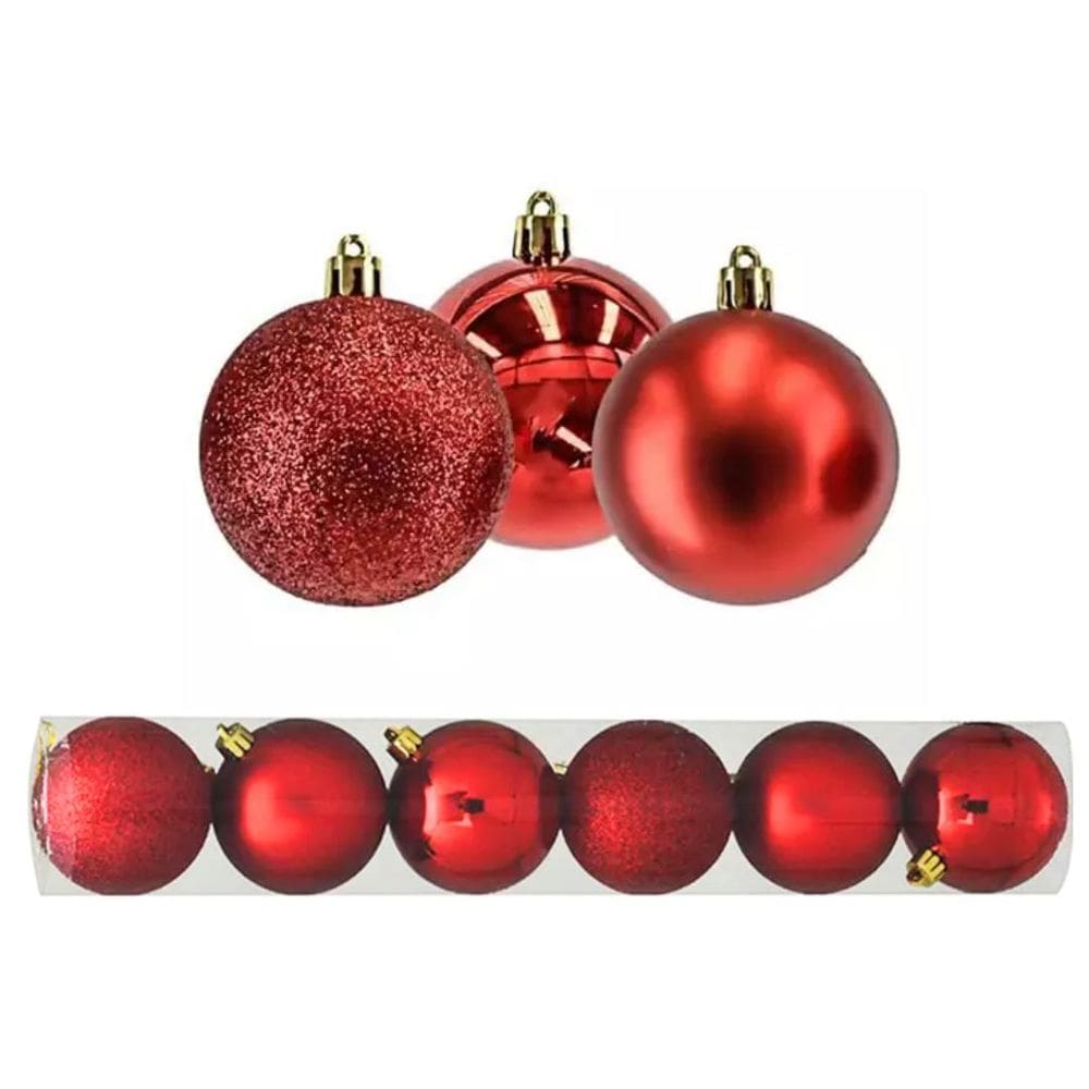 Kit Bola De Natal Mista Gliter, Fosca, Brilho Vermelha 6 Unidades 8cm - Magizi
