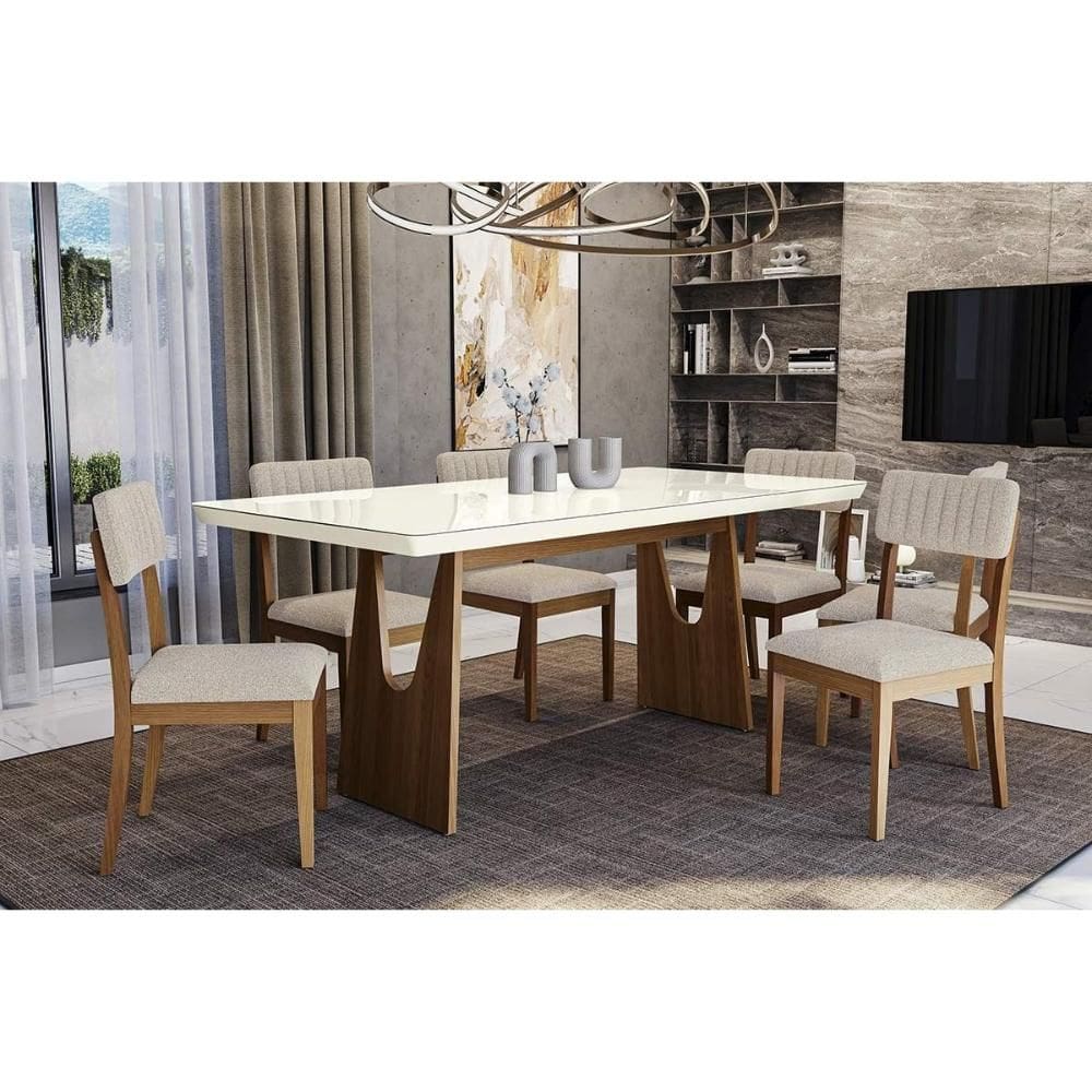 Conjunto Sala de Jantar Mila Premium Madeira Maciça c/ Tampo Madeirado c/ Vidro 200x100cm e 6 Cadeiras Telma Carvalho/Off White - Boucle Bege-Kappesbe