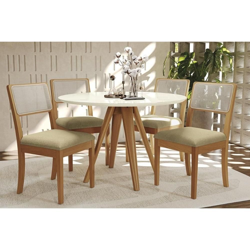 Conjunto Sala de Jantar Duna Premium Madeira Maciça c/ Tampo Madeirado c/ Vidro 120x120cm e 4 Cadeiras Lola Carvalho/Off White - Boucle Bege-Kappesber
