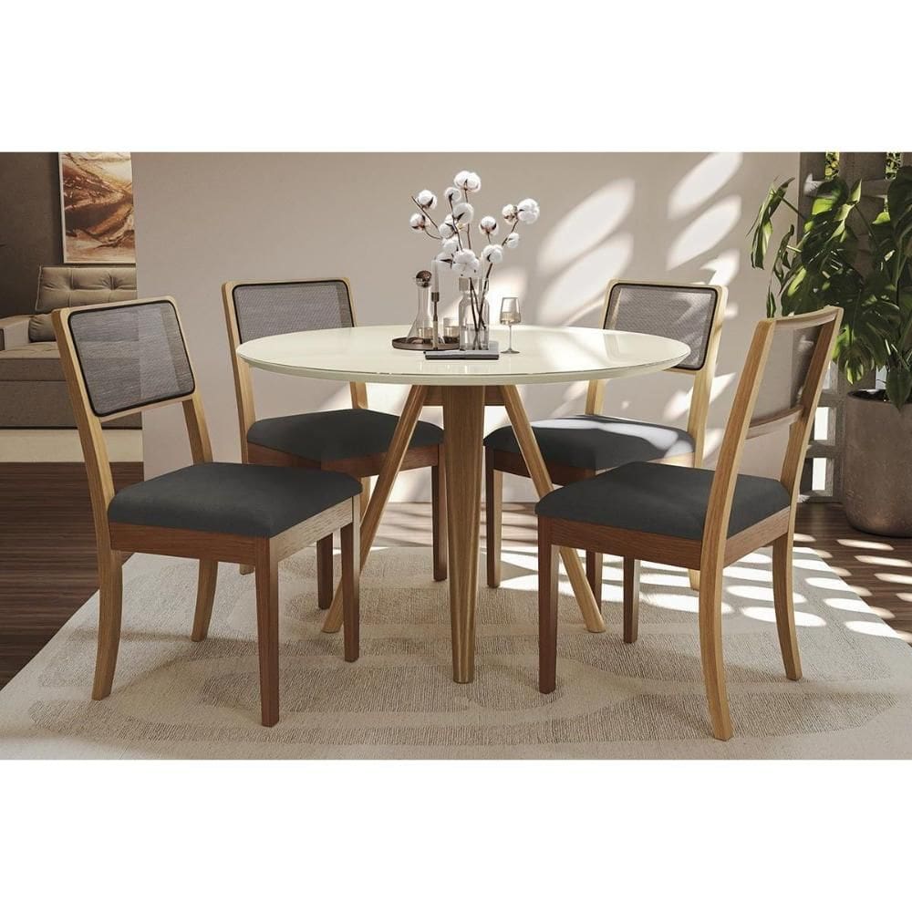 Conjunto Sala de Jantar Duna Premium Madeira Maciça c/ Tampo Madeirado c/ Vidro 120x120cm e 4 Cadeiras Lola Carvalho/Off White - Boucle Grafite-Kappes