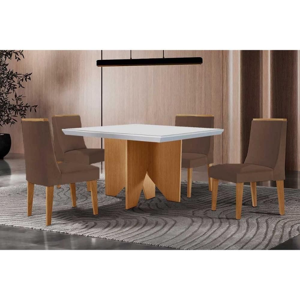 Conjunto Sala de Jantar Nevada c/ Tampo Madeirado c/ Vidro Canto Curvo 90x90cm e 4 Cadeiras Dakota Madeira Maciça Naturale/Off White - Capuccino/Coran