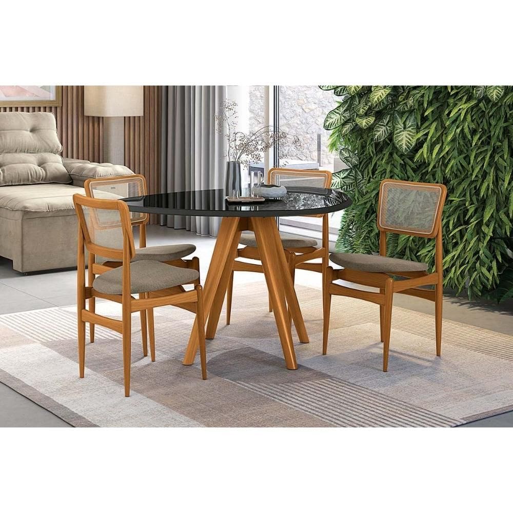 Conjunto Sala de Jantar Duna Premium Madeira Maciça c/ Tampo Madeirado c/ Vidro 135x105cm e 4 Cadeiras Stela Carvalho/Preto - Boucle Bege Fendi-Kappes