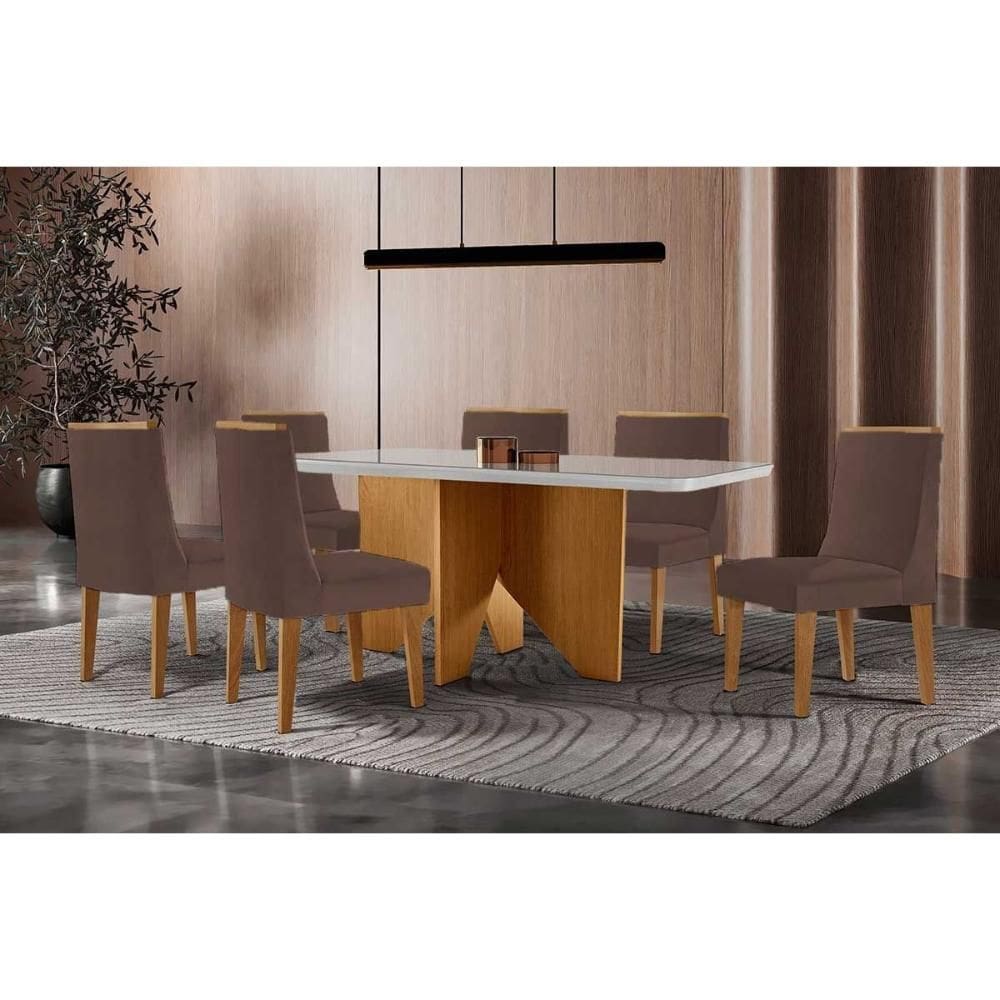 Conjunto Sala de Jantar Nevada c/ Tampo Madeirado c/ Vidro Canto Curvo 180x90cm e 6 Cadeiras Dakota Madeira Maciça Naturale/Off White - Capuccino/Sued