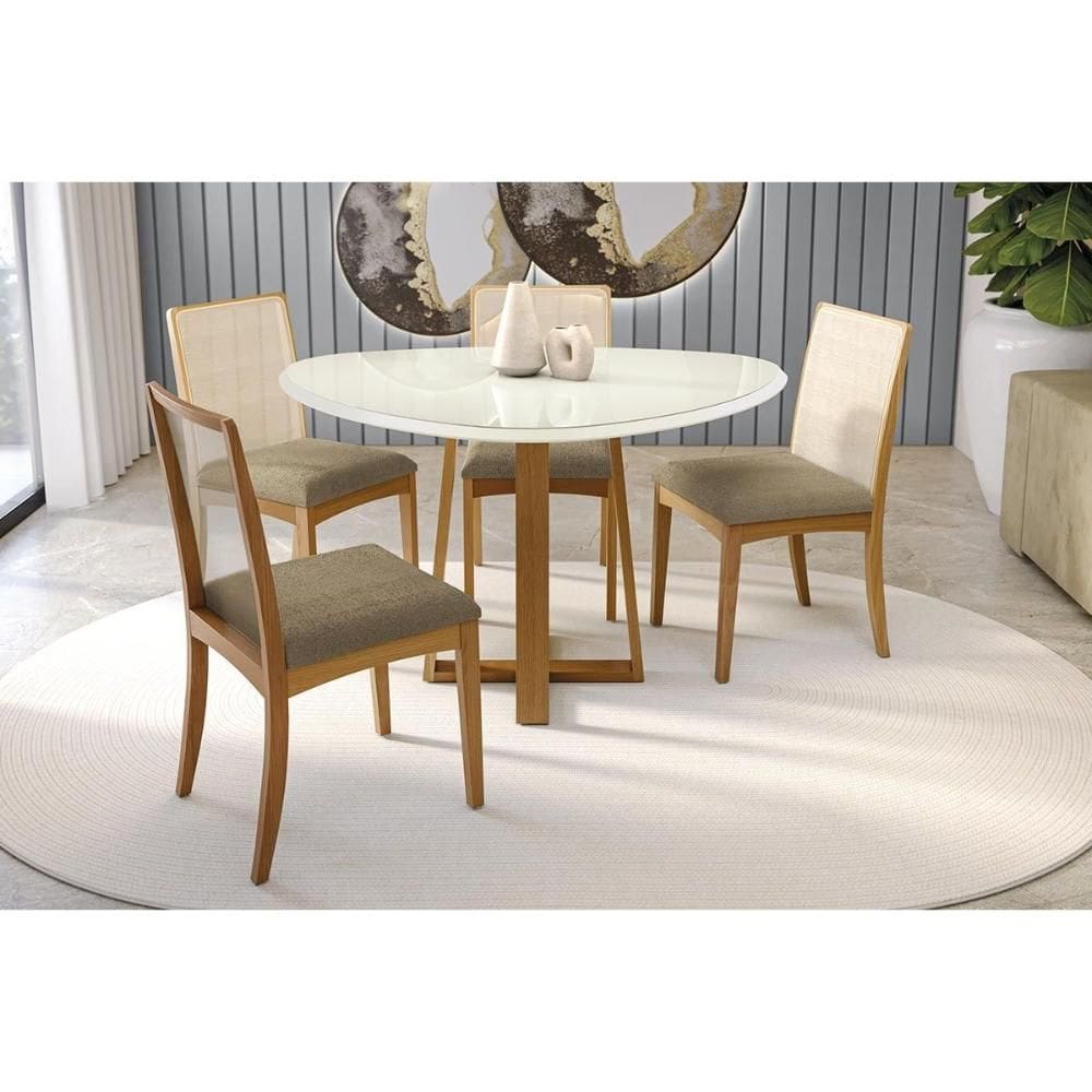 Conjunto Sala de Jantar Elma Premium Madeira Maciça c/ Tampo Madeirado c/ Vidro 135x105cm e 4 Cadeiras Lara Carvalho/Off White - Boucle Bege Fendi-Kap
