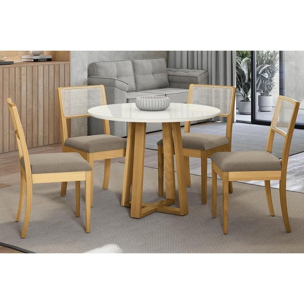 Conjunto Sala de Jantar Elma Premium Madeira Maciça c/ Tampo Madeirado c/ Vidro 105x105cm e 4 Cadeiras Lola Carvalho/Off White - Boucle Bege Fendi-Kap
