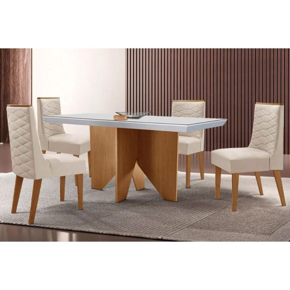 Conjunto Sala de Jantar Nevada c/ Tampo Madeirado c/ Vidro Canto Curvo 120x80cm e 4 Cadeiras Dafne Madeira Maciça Naturale/Off White - Capuccino/Suede