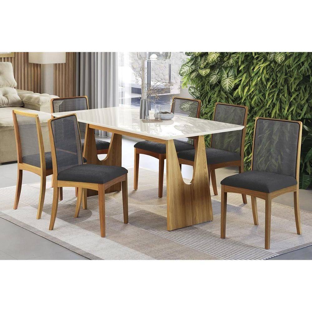 Conjunto Sala de Jantar Mila Premium Madeira Maciça c/ Tampo Madeirado c/ Vidro 180x90cm e 6 Cadeiras Lara Carvalho/Off White - Boucle Grafite-Kappesb