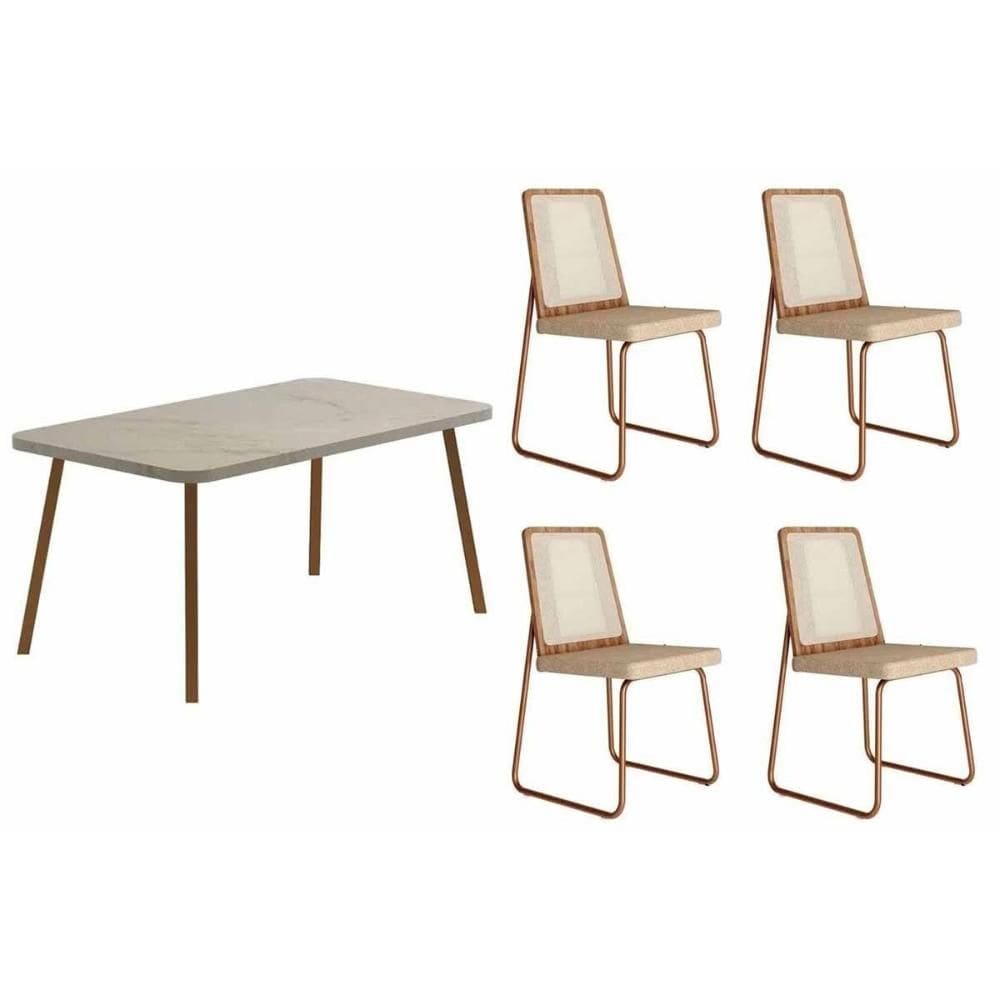 Sala de Jantar Completa Stellar 1598 Aço c/ Tampo Madeirado 120x80cm e 4 Cadeiras Wood Rose/Petra - Rose/Areia/Freijo/Tela Sintetica - Carraro