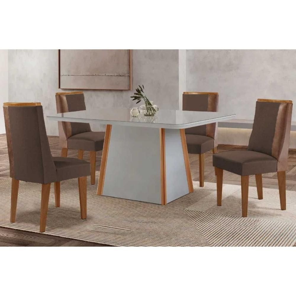 Conjunto Sala de Jantar Tilia c/ Tampo Madeirado c/ Vidro Canto Curvo 120x80cm e 4 Cadeiras Tilia Madeira Maciça Naturale/Off White - Capuccino/Suede