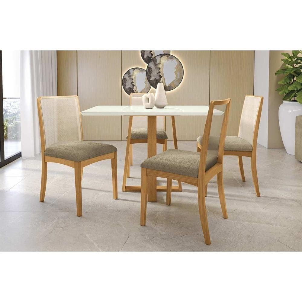 Conjunto Sala de Jantar Elma Premium Madeira Maciça c/ Tampo Madeirado c/ Vidro 120x80cm e 4 Cadeiras Lara Carvalho/Off White - Boucle Bege Fendi-Kapp