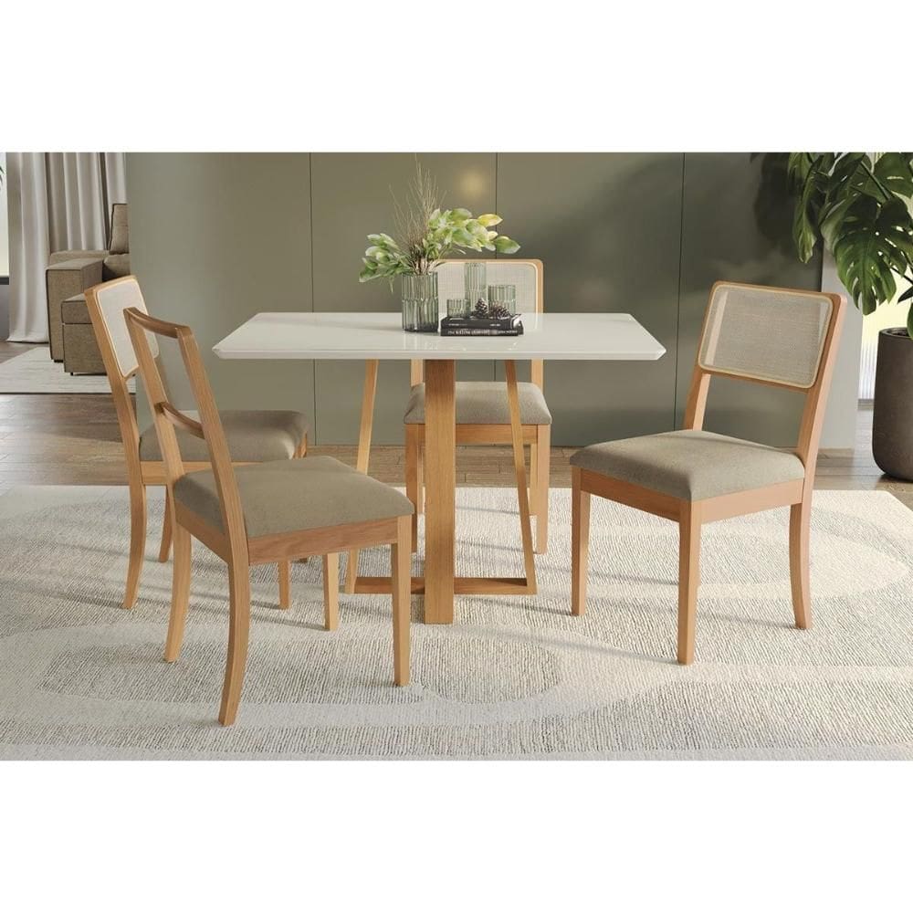 Conjunto Sala de Jantar Elma Premium Madeira Maciça c/ Tampo Madeirado c/ Vidro 120x80cm e 4 Cadeiras Lola Carvalho/Off White - Boucle Bege Fendi-Kapp