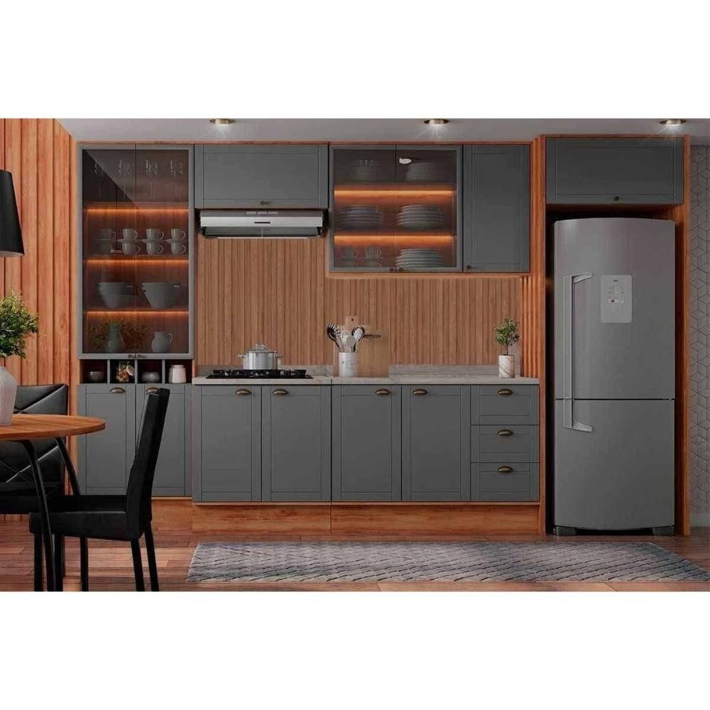 Cozinha Completa Bella 13 Peças (3Aéreos+2Balcões+1Cristaleira+7Complementos) C13P2 Nogal/Cinza - Carraro