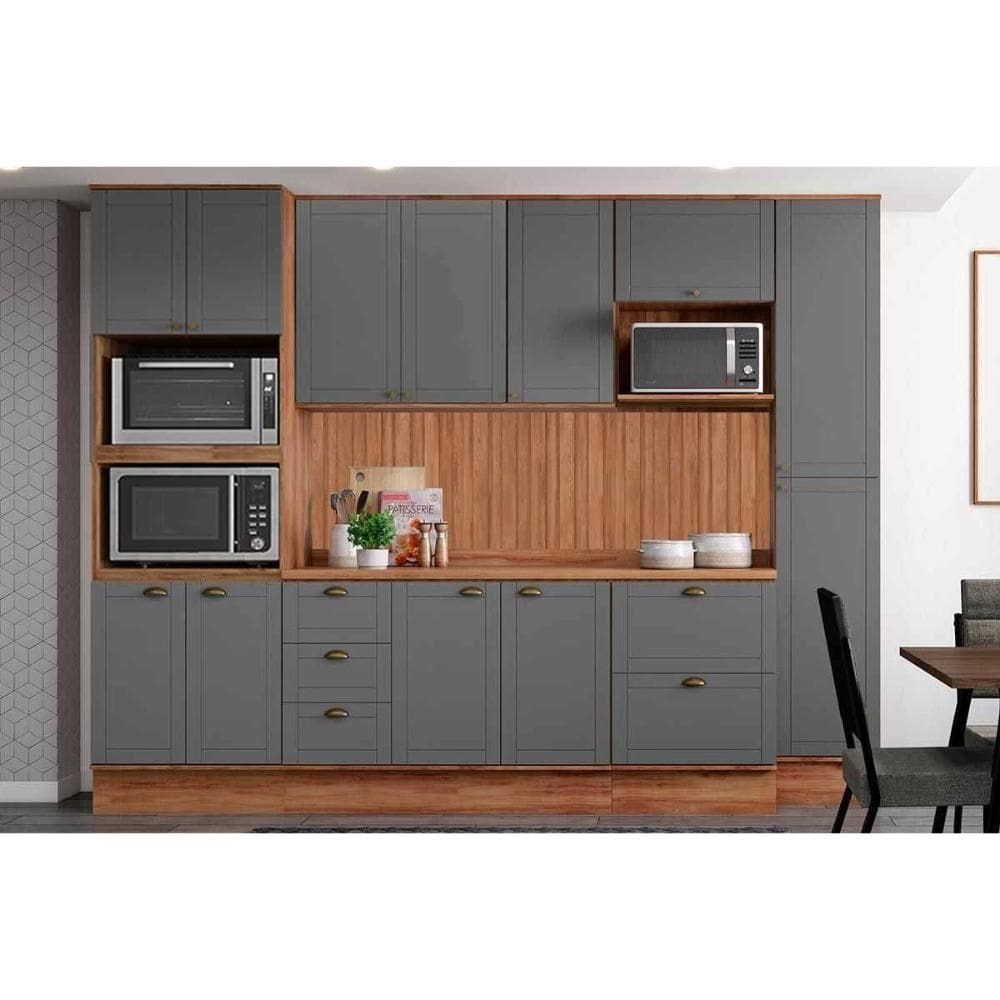 Cozinha Completa Bella 9 Peças (2Aéreos+2Balcões+1Paneleiro+1TorreQuente+3Complementos) C9P24 Nogal/Cinza - Carraro