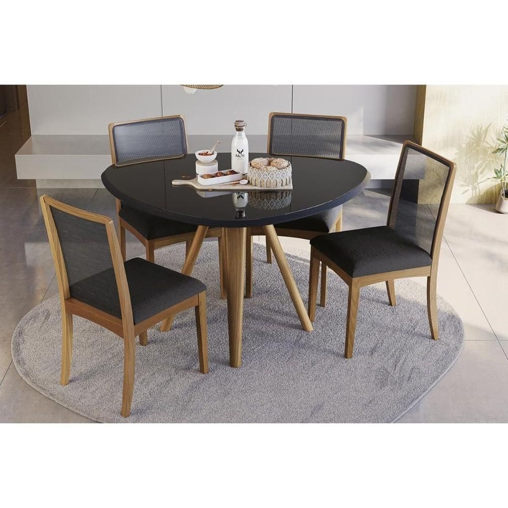 Conjunto Sala de Jantar Duna Premium Madeira Maciça c/ Tampo Madeirado c/ Vidro 135x105cm e 4 Cadeiras Lara Carvalho/Preto - Boucle Grafite-Kappesberg