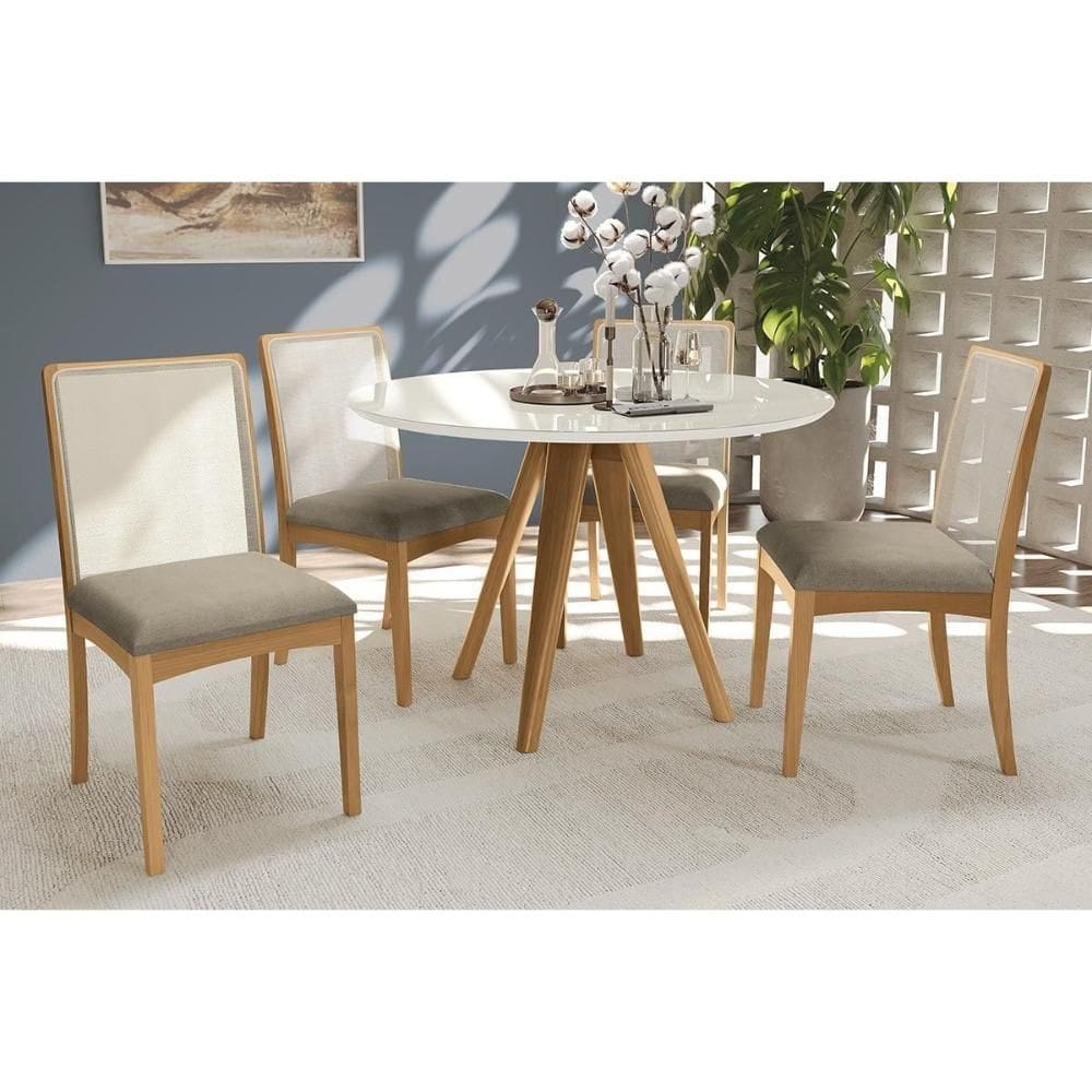 Conjunto Sala de Jantar Duna Premium Madeira Maciça c/ Tampo Madeirado c/ Vidro 120x120cm e 4 Cadeiras Lara Carvalho/Off White - Boucle Bege Fendi-Kap