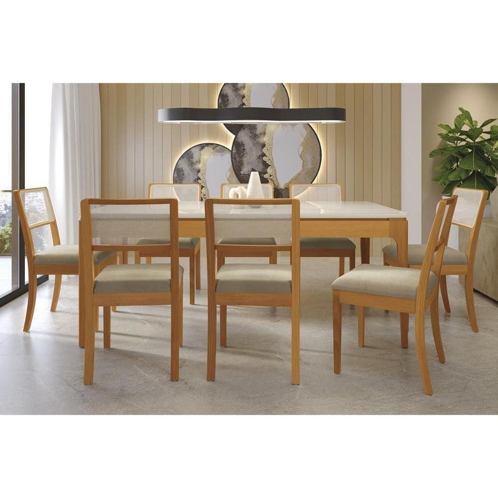 Conjunto Sala de Jantar Mira Premium Madeira Maciça c/ Tampo Madeirado c/ Vidro 200x100cm e 8 Cadeiras Lola Carvalho/Off White - Boucle Bege Fendi-Kap