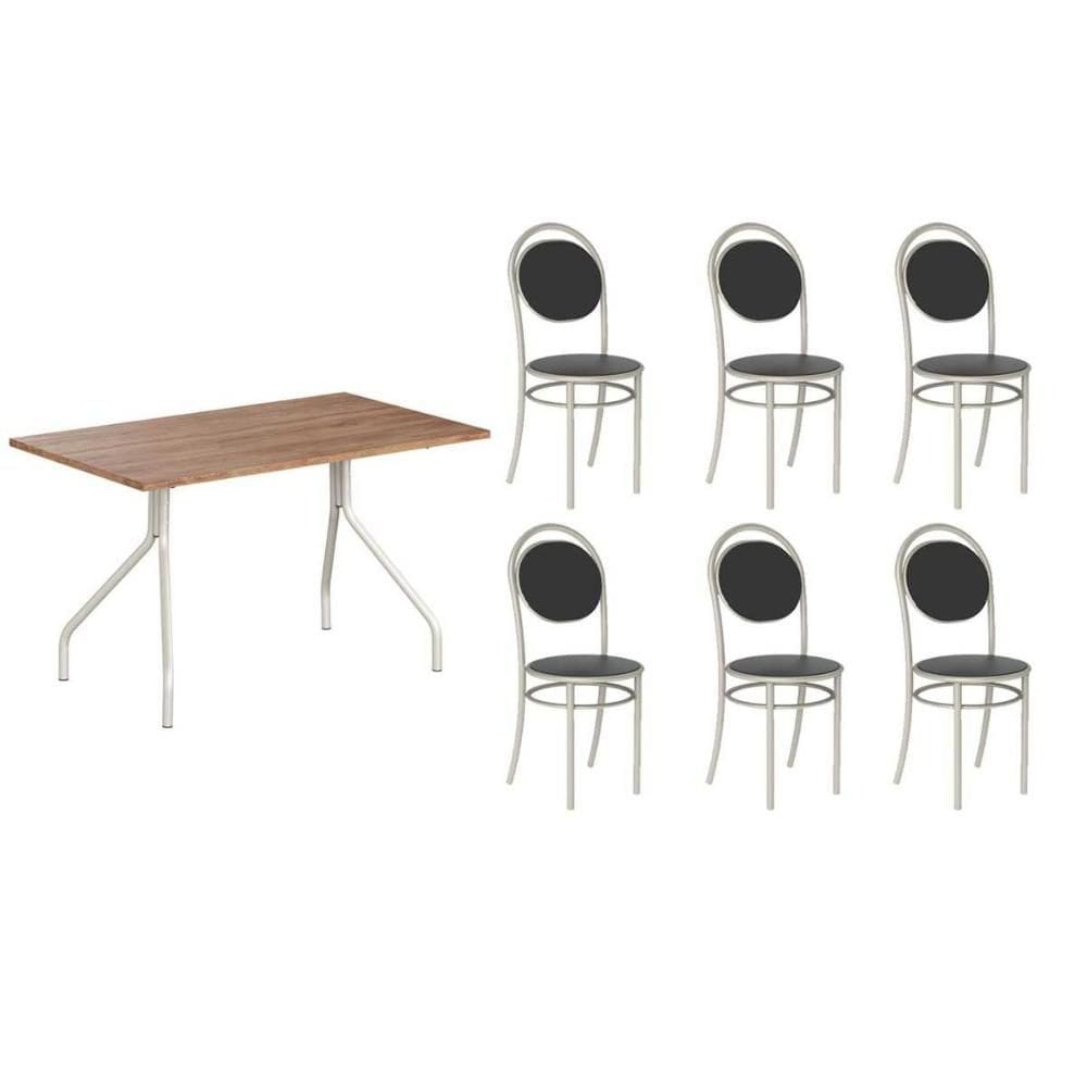 Sala de Jantar Completa 1556 Aço c/ Tampo Madeirado 136x80cm e 6 Cadeiras 190 Prata/Freijo - Prata/Corano Preto - Carraro