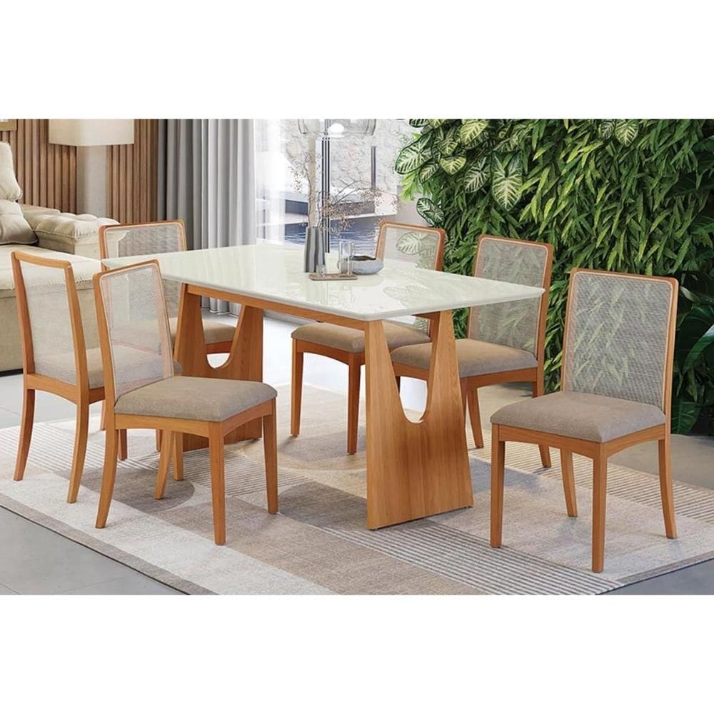 Conjunto Sala de Jantar Mila Premium Madeira Maciça c/ Tampo Madeirado c/ Vidro 180x90cm e 6 Cadeiras Lara Carvalho/Off White - Boucle Bege Fendi-Kapp