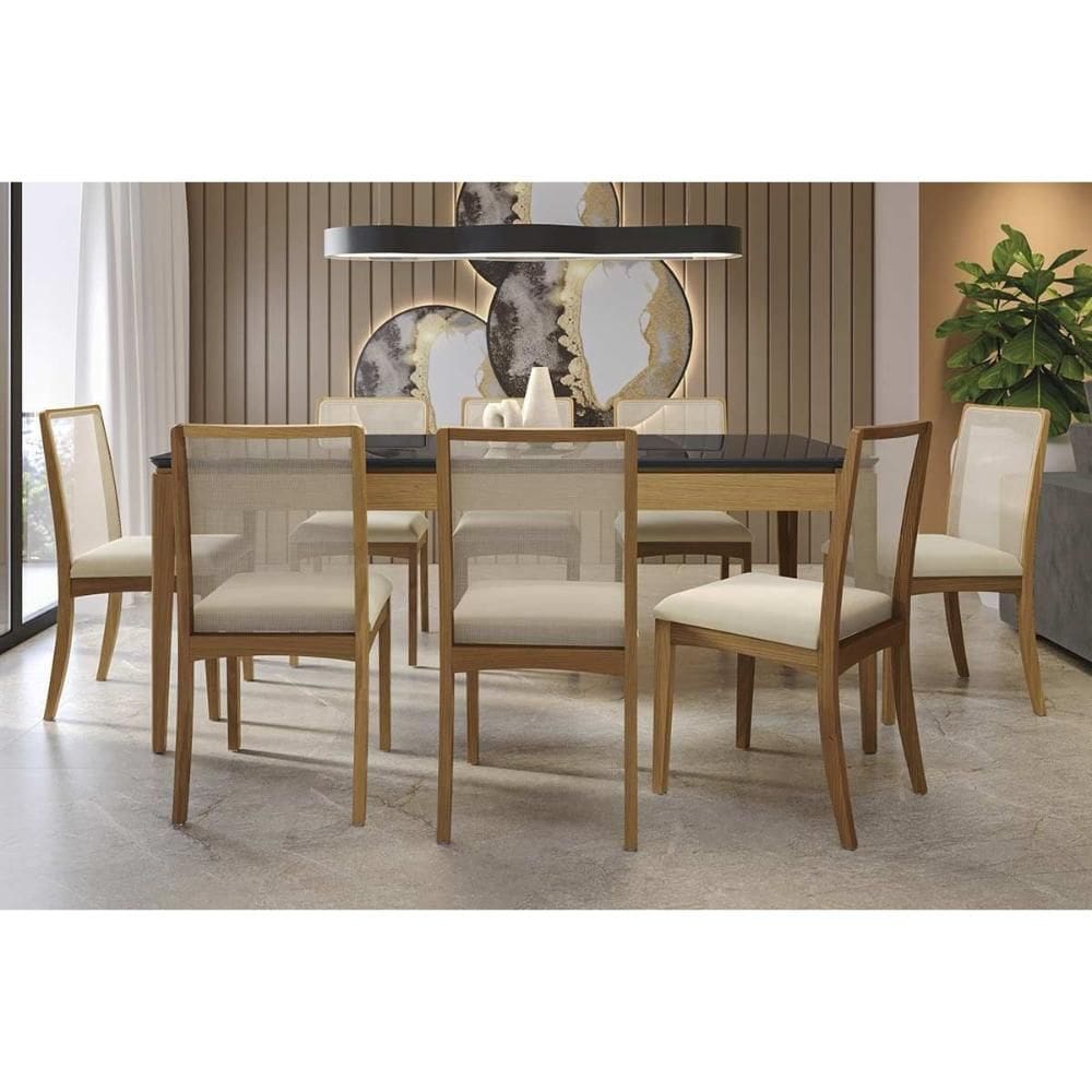 Conjunto Sala de Jantar Mira Premium Madeira Maciça c/ Tampo Madeirado c/ Vidro 200x100cm e 8 Cadeiras Lara Carvalho/Preto - Linho Bege Argila-Kappesb