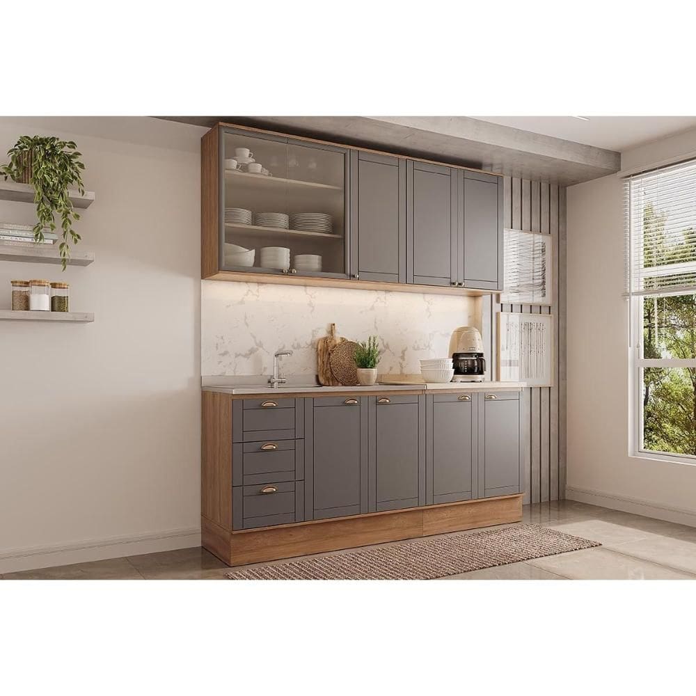 Cozinha Completa Bella 4 Peças (2Aéreos+2Balcões) C4P249 Nogal/Cinza - Carraro