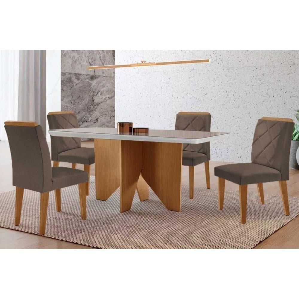 Conjunto Sala de Jantar Nevada c/ Tampo Madeirado c/ Vidro Canto Curvo 120x80cm e 4 Cadeiras Pietá Madeira Maciça Naturale/Off White - Capuccino/Coran