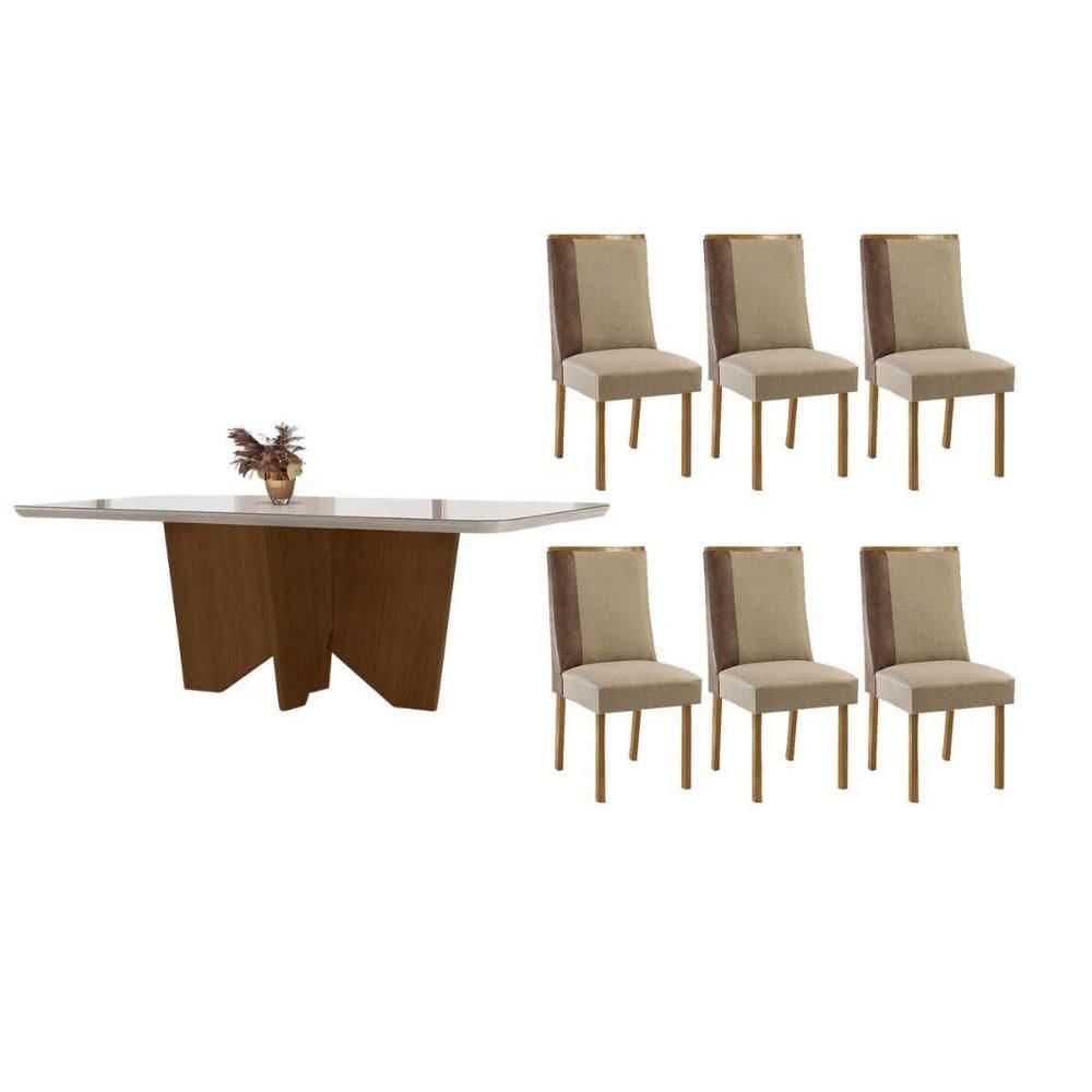 Conjunto Sala de Jantar Nevada c/ Tampo Madeirado c/ Vidro Canto Curvo 180x90cm e 6 Cadeiras Tilia Madeira Maciça Naturale/Off White - Capuccino/Suede