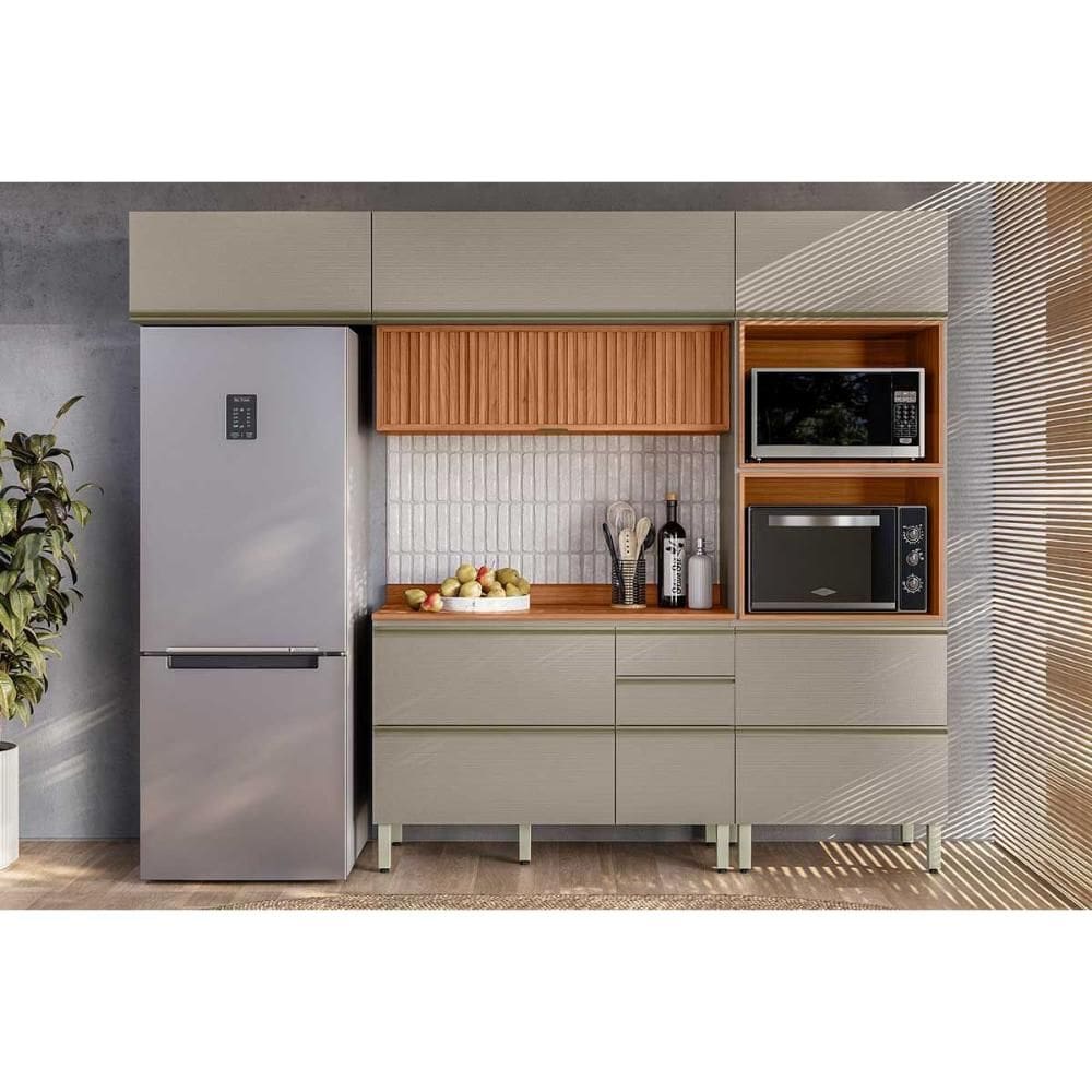 Cozinha Completa Proença 4 Peças (2Aéreos+1Balcão+1TorreQuente) C4P201 Nogueira Touch/Nude Prime - Demóbile