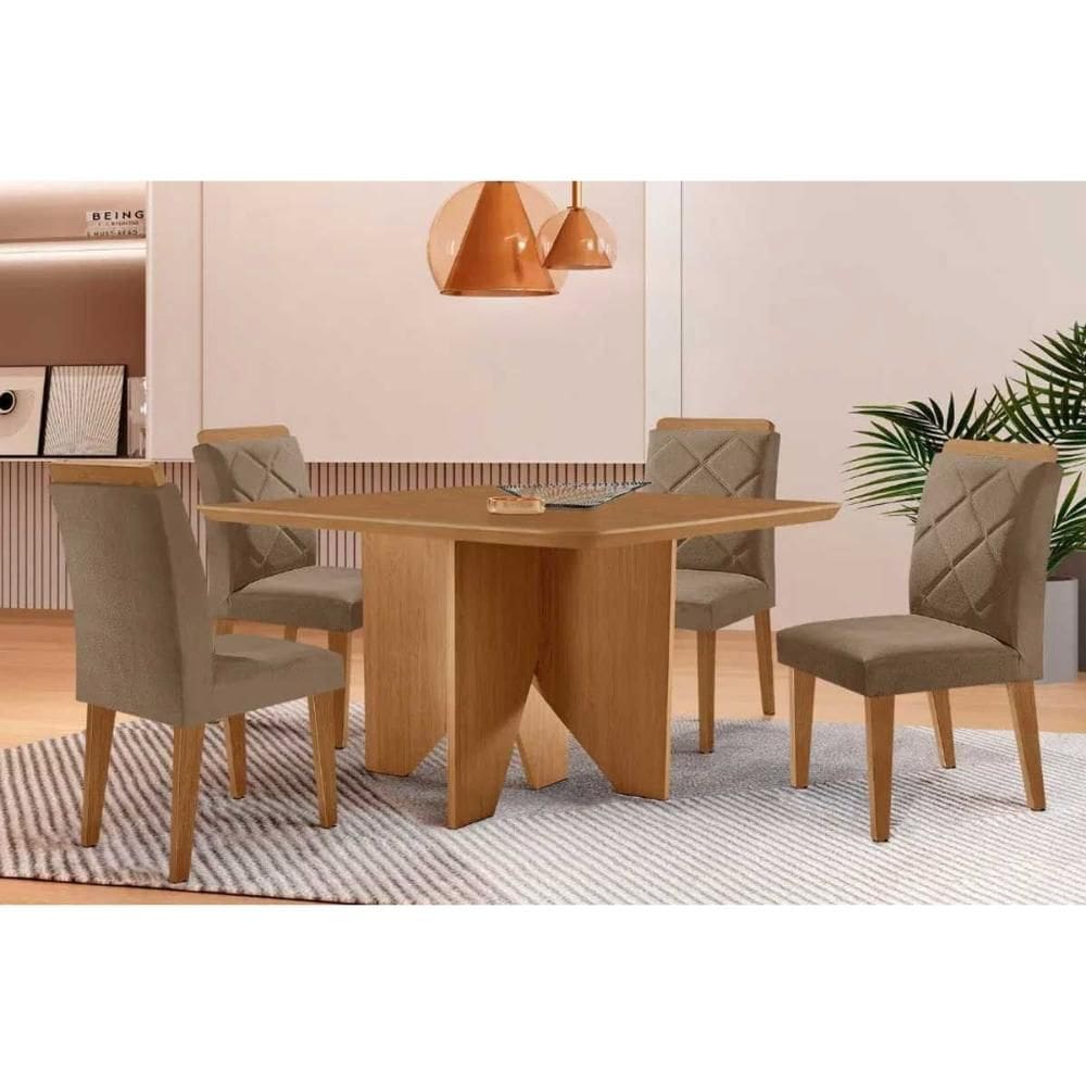 Sala de Jantar Completa Nevada c/ Tampo Madeirado Canto Curvo 90x90cm e 4 Cadeiras Pietá Madeira Maciça Naturale - Capuccino/Suede Capuccino - Rufato