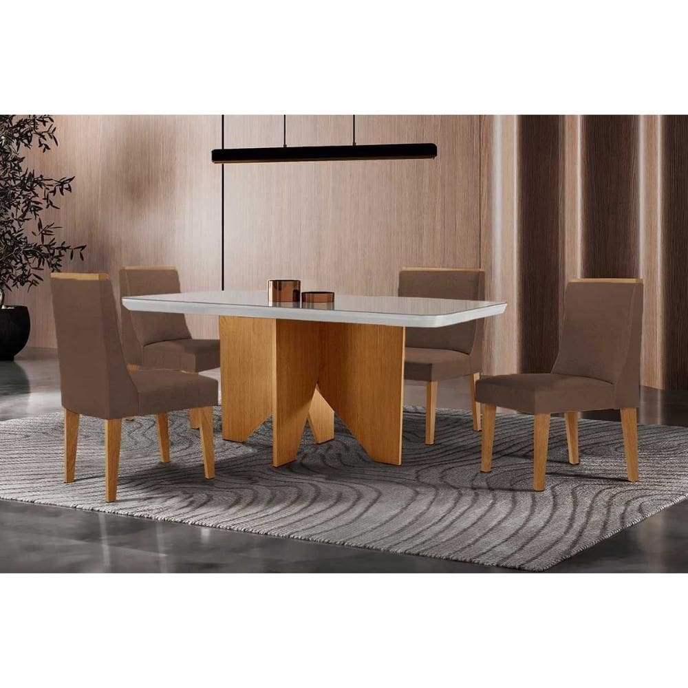 Conjunto Sala de Jantar Nevada c/ Tampo Madeirado c/ Vidro Canto Curvo 120x80cm e 4 Cadeiras Dakota Madeira Maciça Naturale/Off White - Capuccino/Sued