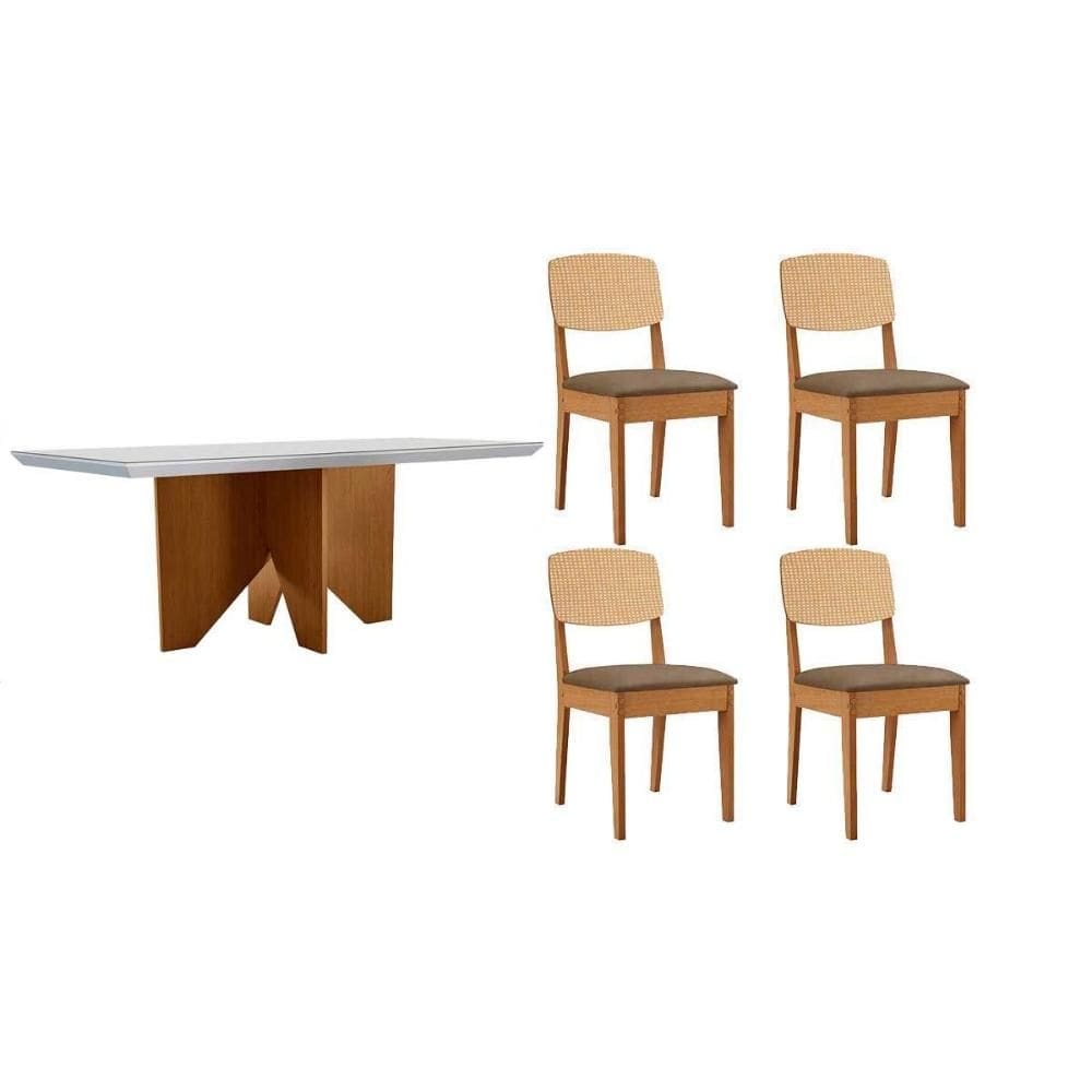 Conjunto Sala de Jantar Nevada c/ Tampo Madeirado c/ Vidro Canto Curvo 120x80cm e 4 Cadeiras Havana Premium Naturale/Off White - Capuccino/Suede Capuc