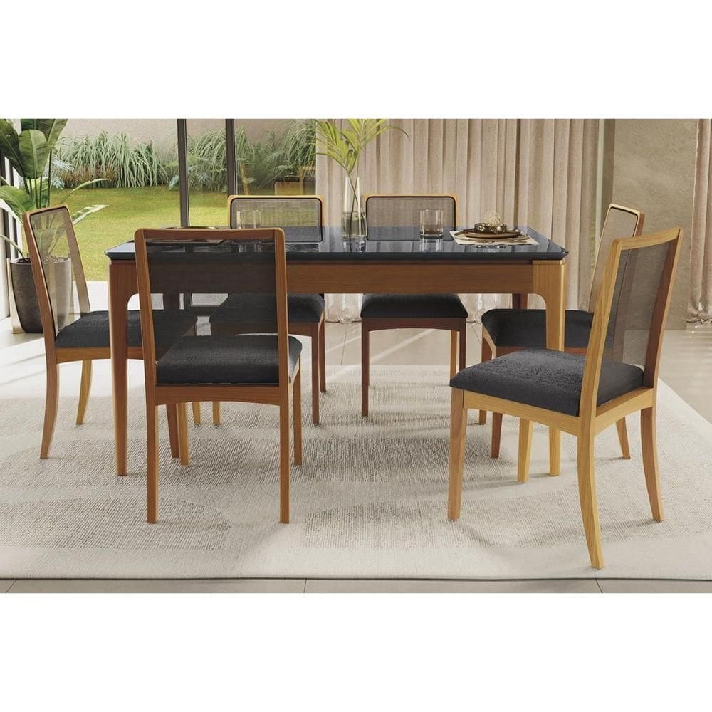 Sala de Jantar Completa Mira Premium Madeira Maciça c/ Tampo Madeirado c/ Vidro 160x90cm e 6 Cadeiras Lara Carvalho/Preto - Boucle Grafite - Kappesber