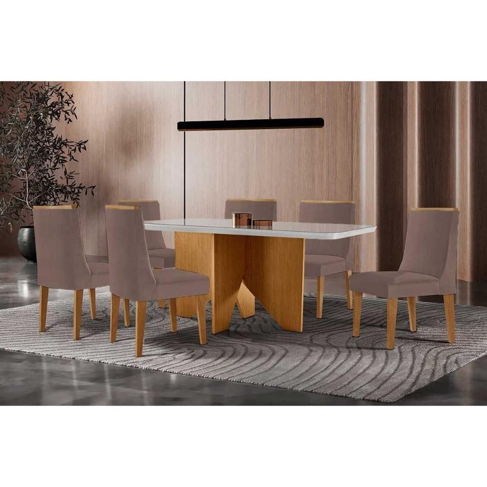 Conjunto Sala de Jantar Nevada c/ Tampo Madeirado c/ Vidro Canto Curvo 180x90cm e 6 Cadeiras Dakota Madeira Maciça Naturale/Off White - Capuccino/Cora