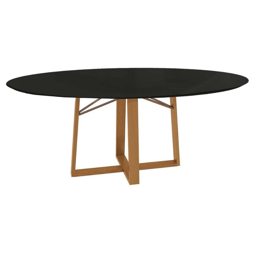 Mesa de Sala Jantar Elma Premium Madeira Maciça c/ Tampo Madeirado c/ Vidro 180x105cm Carvalho/Preto Fosco - Kappesberg