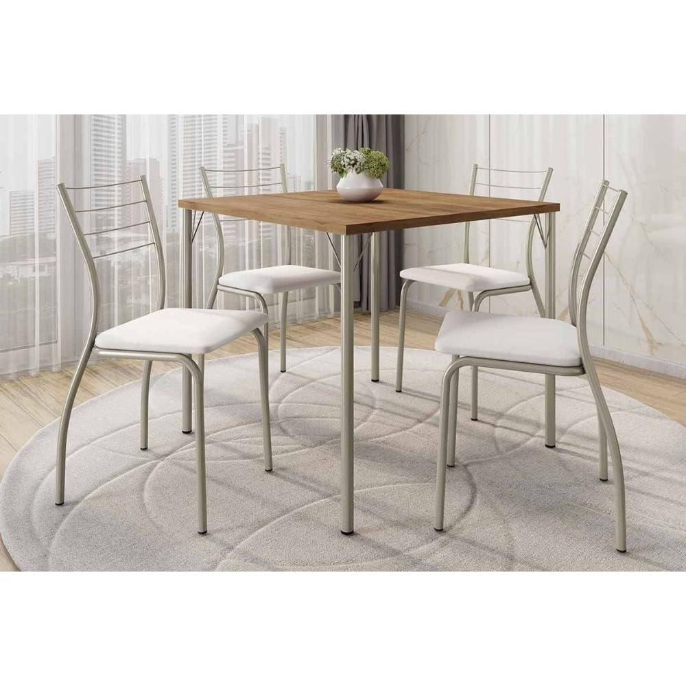Sala de Jantar Completa 1545 Aço c/ Tampo Madeirado 87x87cm e 4 Cadeiras 1700 Prata/Freijo - Prata/Corano Branco - Carraro