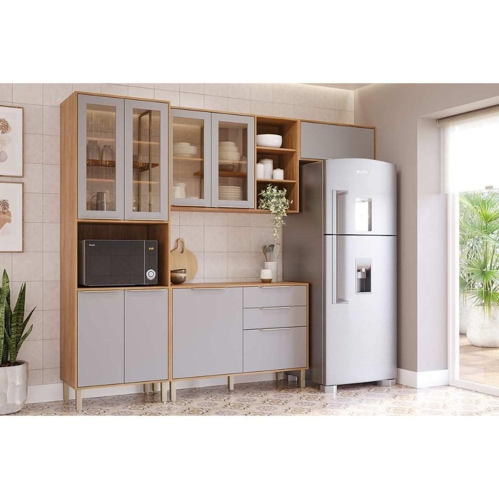 Cozinha Completa Brilhante 4 Peças (2Aéreos+1Balcão+1Paneleiro) C4P256 Cinamomo/Platina - MGM