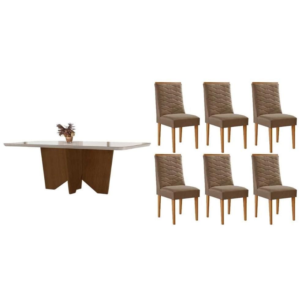 Conjunto Sala de Jantar Nevada c/ Tampo Madeirado c/ Vidro Canto Curvo 180x90cm e 6 Cadeiras Maldivas Madeira Maciça Naturale/Off White - Capuccino/Su