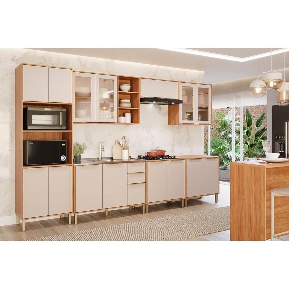 Cozinha Completa Brilhante 7 Peças (3Aéreos+3Balcões+1TorreQuente) C7P111 Cinamomo/Off White - MGM