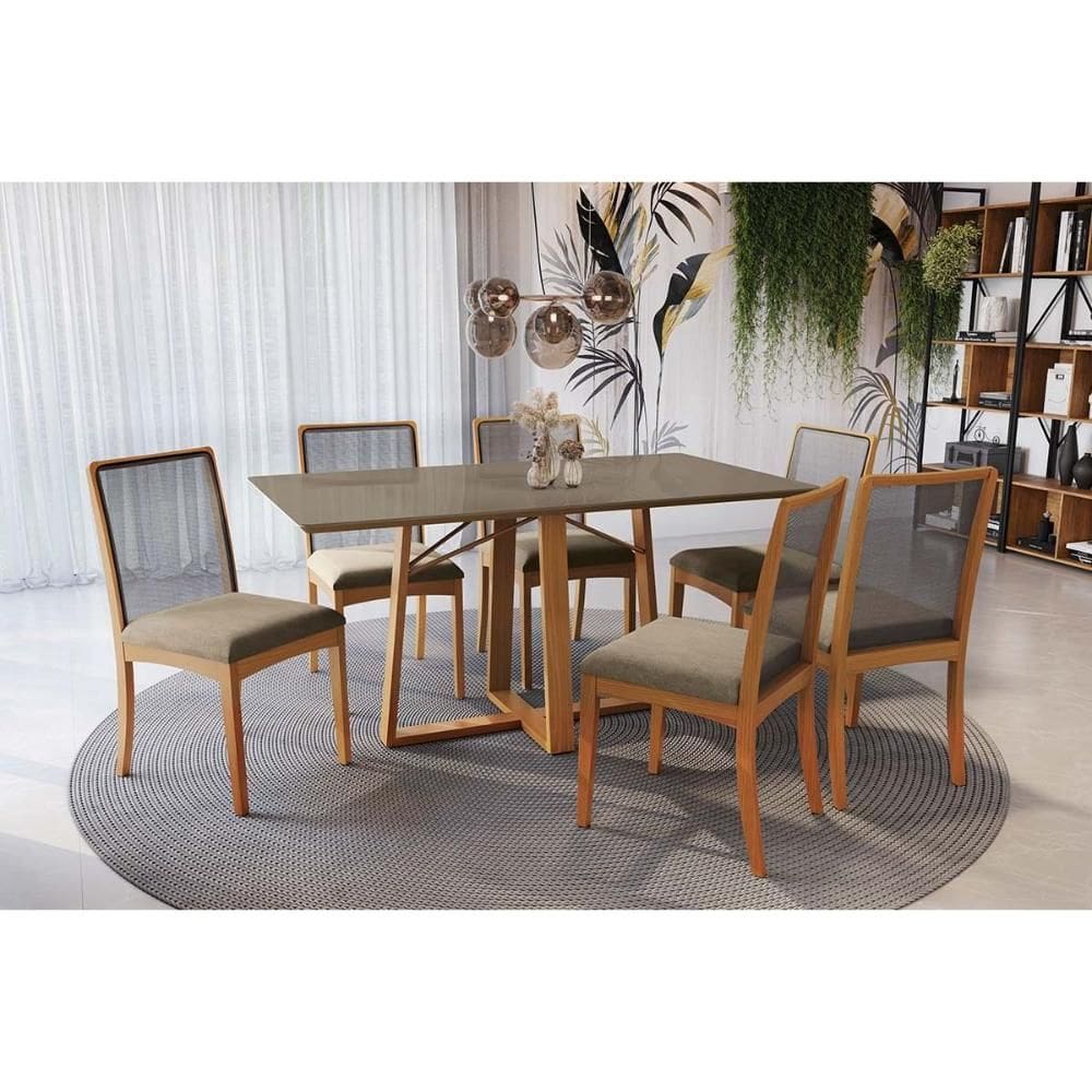 Conjunto Sala de Jantar Elma Premium Madeira Maciça c/ Tampo Madeirado c/ Vidro 160x90cm e 6 Cadeiras Lara Carvalho/Freijo Bronze - Boucle Bege-Kappes