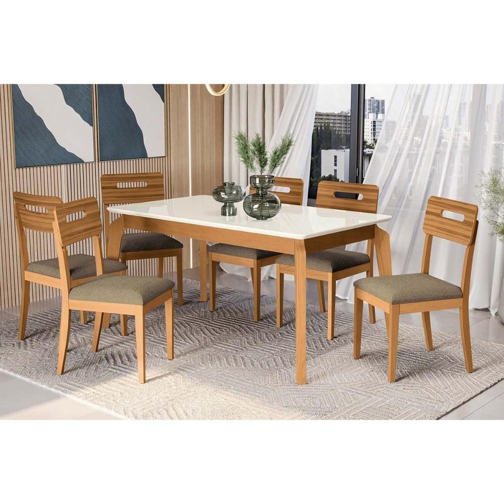 Conjunto Sala de Jantar Petra Premium Madeira Maciça c/ Tampo Madeirado c/ Vidro 160x90cm e 6 Cadeiras Lila Carvalho/Off White - Boucle Bege Fendi-Kap